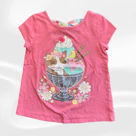 Isaac Mizrahi Girls Pink Cat Ice Cream Tee Size 7/8 | Glitter Graphic Shirt - Picture 1 of 5